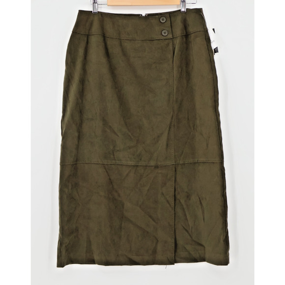 NWT Olive Green Vegan Suede Pencil Skirt Fall Business Casual Goblin Size‎ 12P - Picture 1 of 9